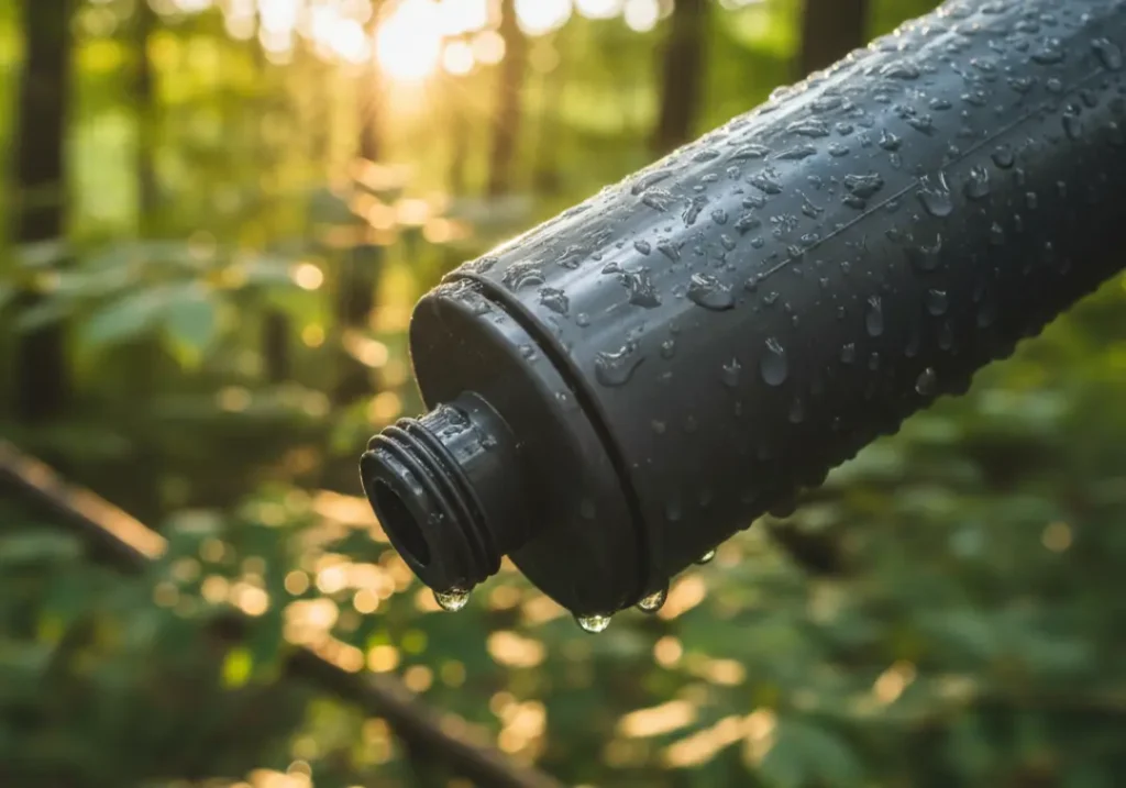 A close-up of a Sawyer Squeeze water filter held against the sunlight in a forest.