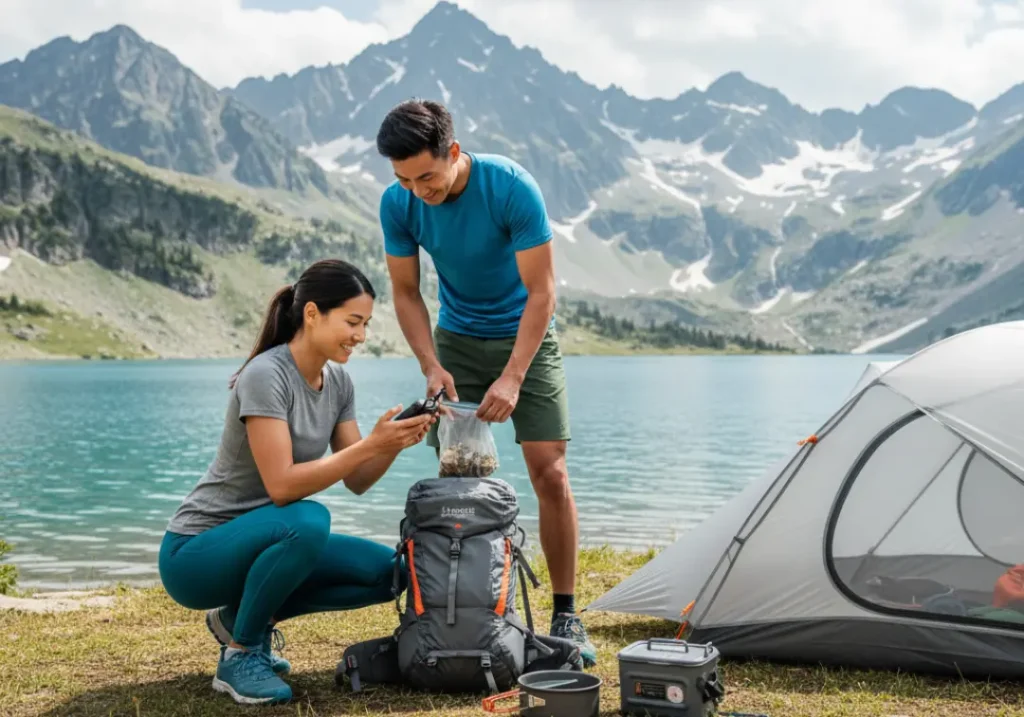 An athletic couple demonstrates modern hiking skills and Leave No Trace ethics at their clean campsite by an alpine lake.