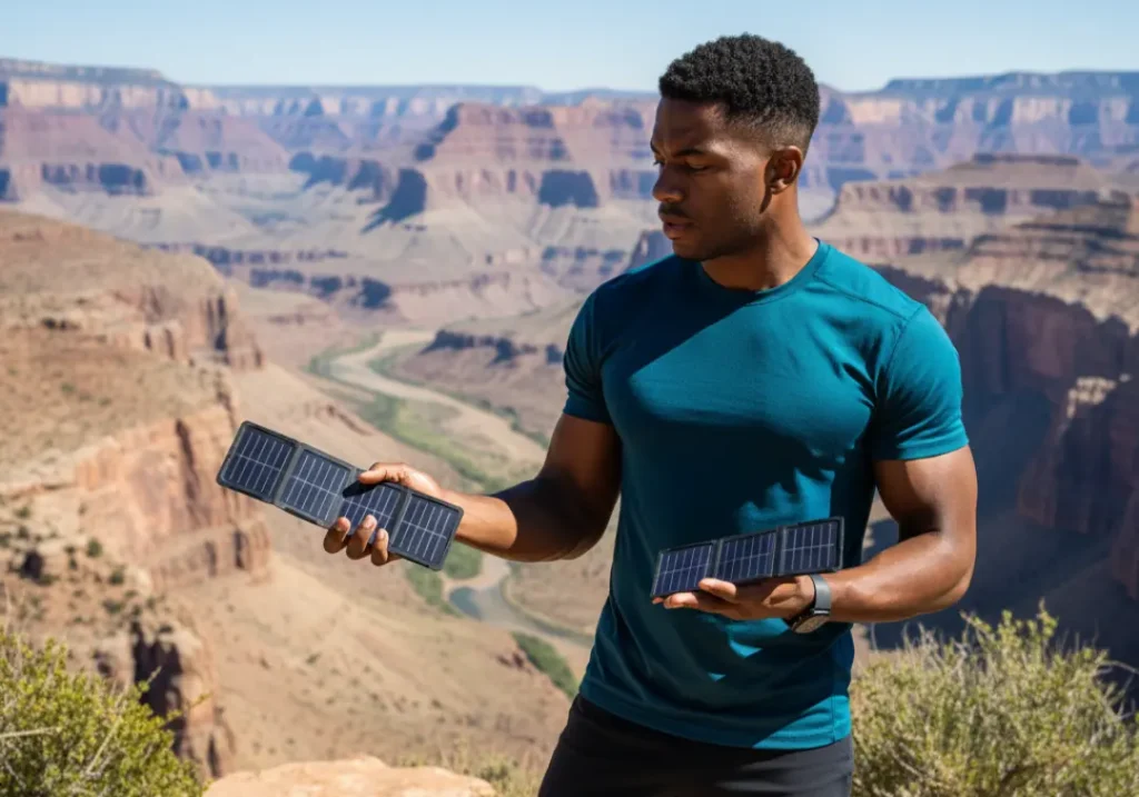 An expert male hiker compares two different backpacking solar panels while on a scenic trail.