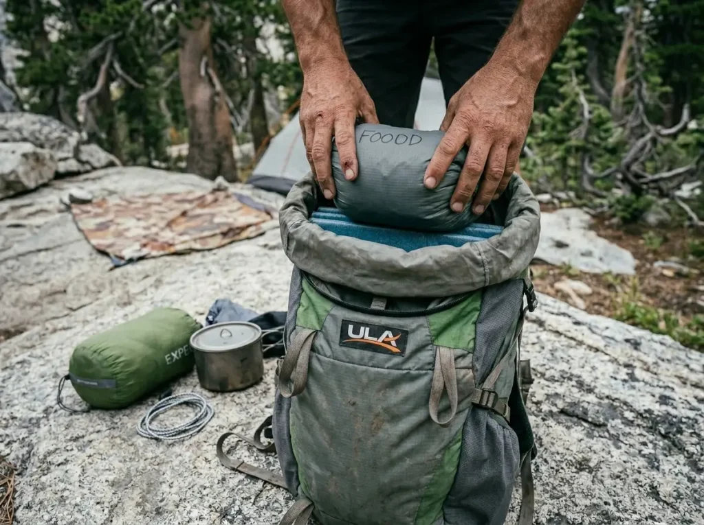 Hands packing a frameless backpack with a folded foam pad as a virtual frame