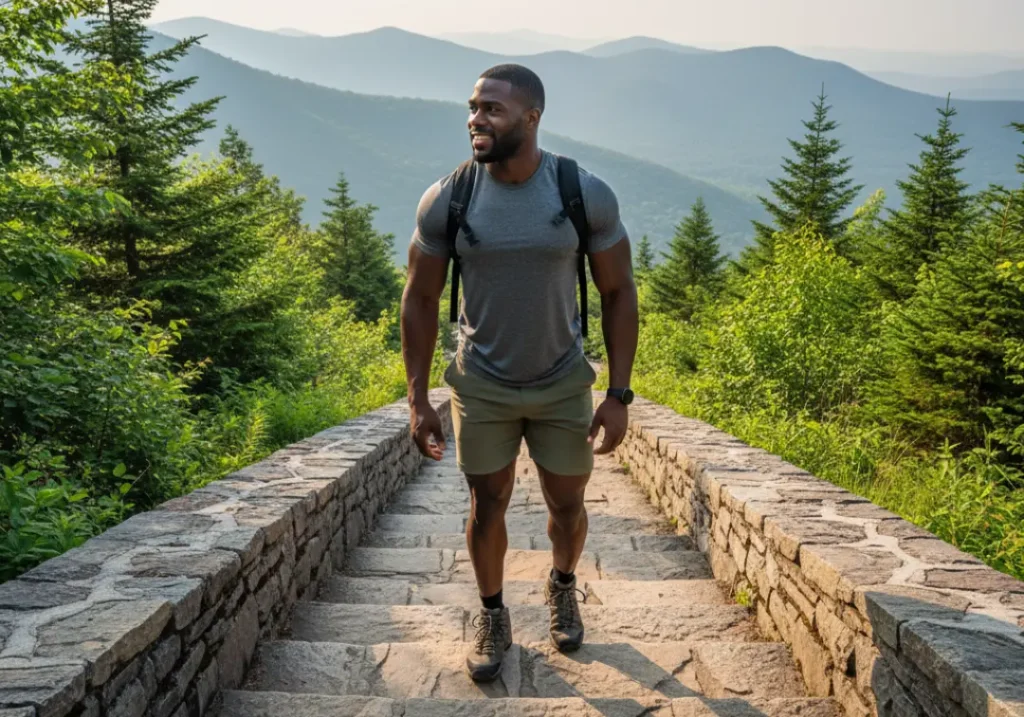An athletic Black man hikes up a sturdy, well-built stone trail in the mountains, representing the legacy of the American trail system.