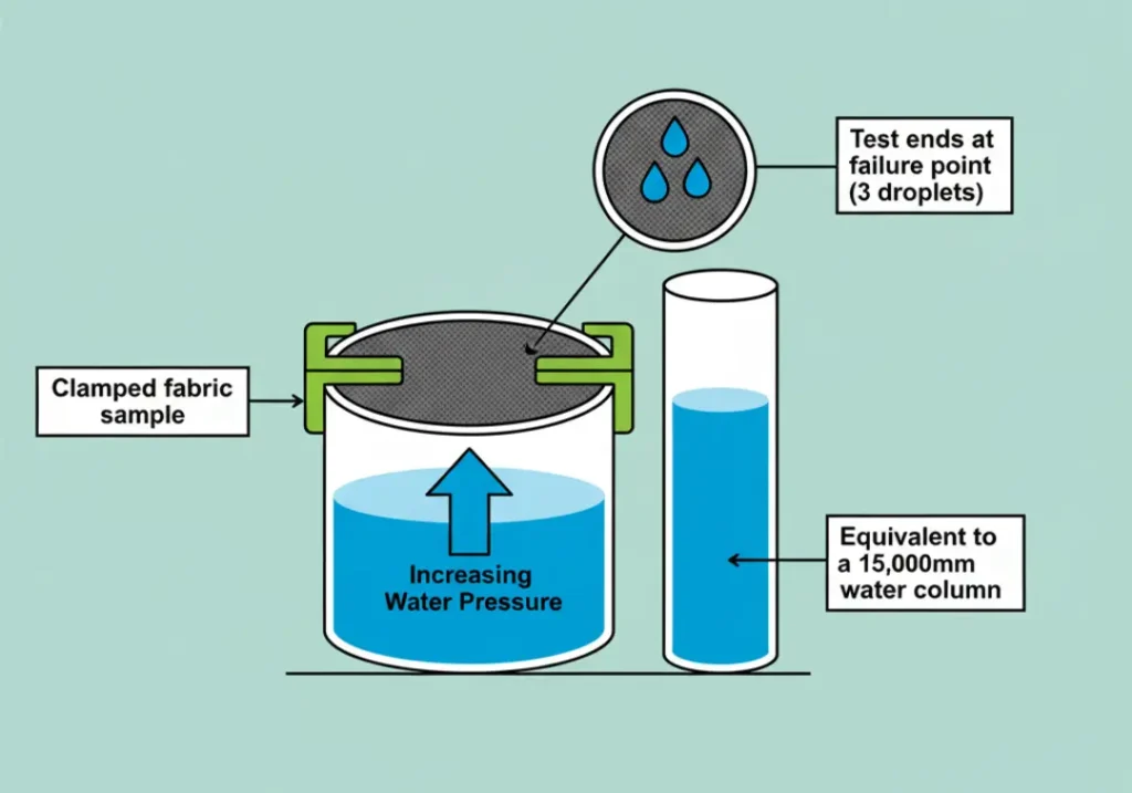 A diagram explaining the hydrostatic head test for fabric waterproofness. It shows a fabric sample clamped over a water chamber, a tall water column representing pressure, and a magnified view of three droplets indicating the test's failure point.
