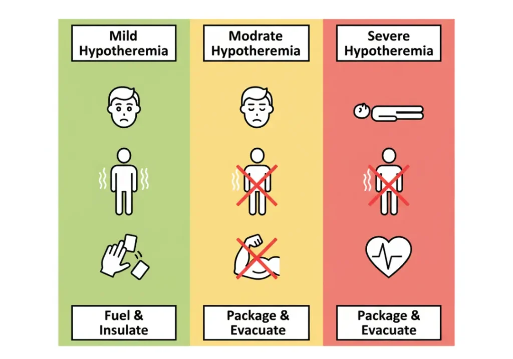 An infographic illustrating the three stages of hypothermia for hikers. The "Mild" stage is green, showing shivering. The "Moderate" stage is yellow, showing shivering has stopped. The "Severe" stage is red, showing unresponsiveness. The treatment action for Mild is 'Fuel & Insulate', while for Moderate and Severe it is 'Package & Evacuate'.