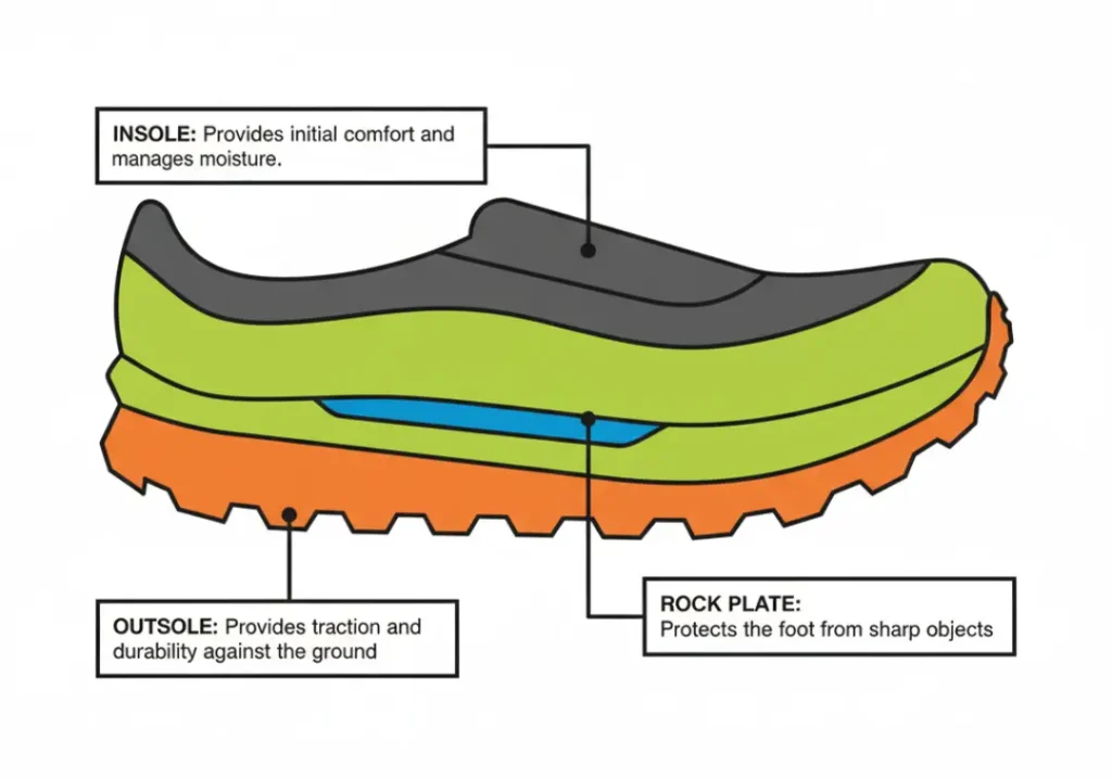 An infographic diagram showing a cross-section of a shoe sole. It labels and describes the four main components: the Insole for comfort, the Midsole for cushioning, an embedded Rock Plate for protection, and the Outsole for traction.
