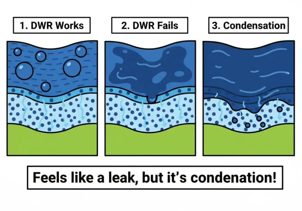 A 3-panel infographic explaining the 'wet out' phenomenon on a waterproof jacket. Panel 1 shows DWR working, with water beading off and vapor escaping. Panel 2 shows failed DWR, with the fabric saturated. Panel 3 shows condensation forming inside as trapped vapor cannot escape