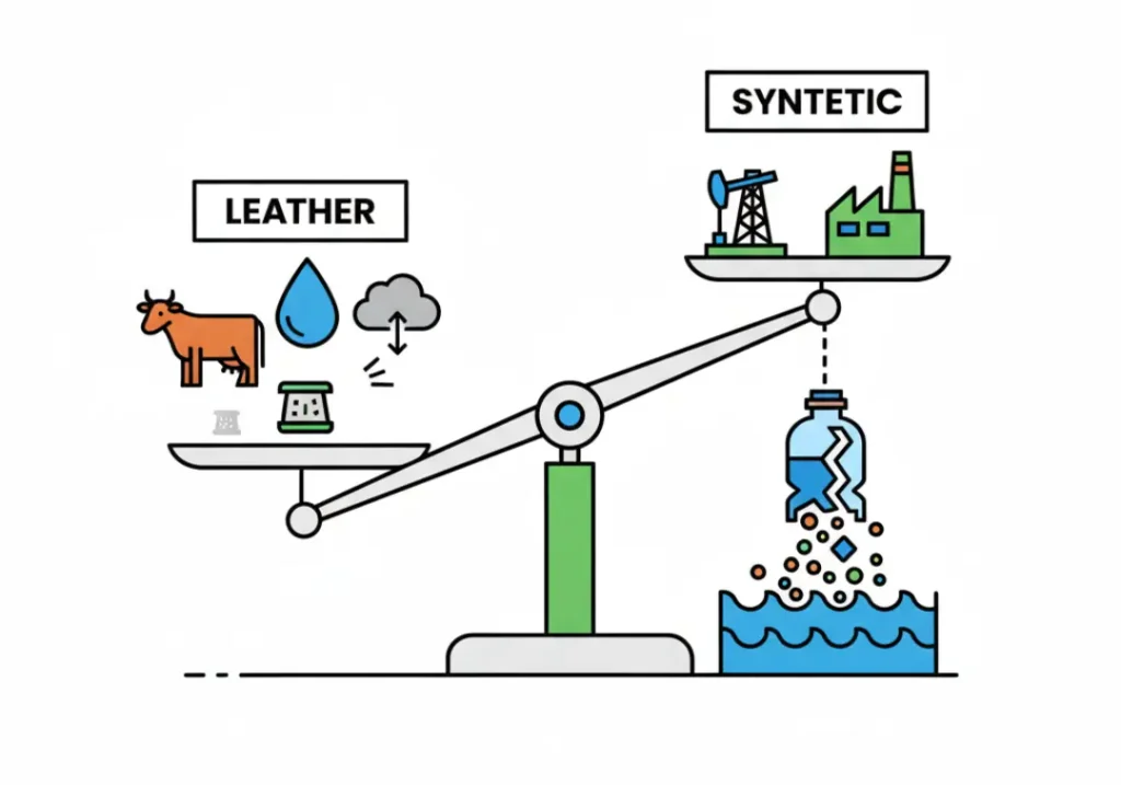 An infographic using a balance scale to compare the environmental impact of leather and synthetics. The leather side shows a heavy upstream impact with large icons, while the synthetic side shows a heavy downstream impact with a large microplastics icon.
