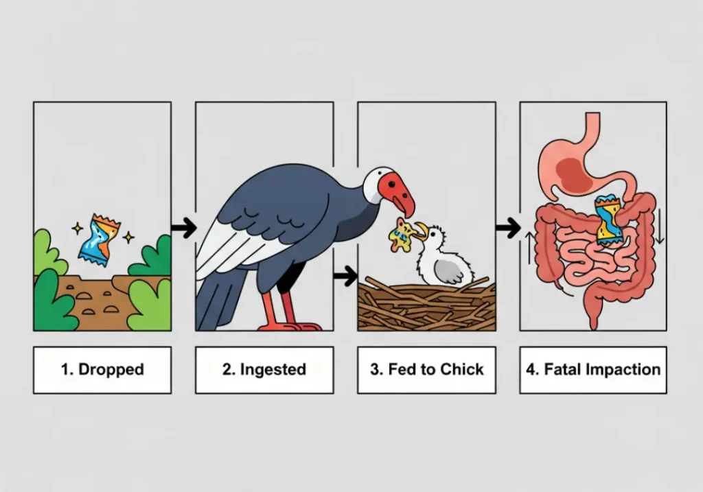 A 4-panel infographic in a modern cartoon style explaining how microtrash harms wildlife. Panel 1 shows a dropped wrapper. Panel 2 shows a condor ingesting it. Panel 3 shows the condor feeding it to a chick. Panel 4 shows the resulting fatal impaction.