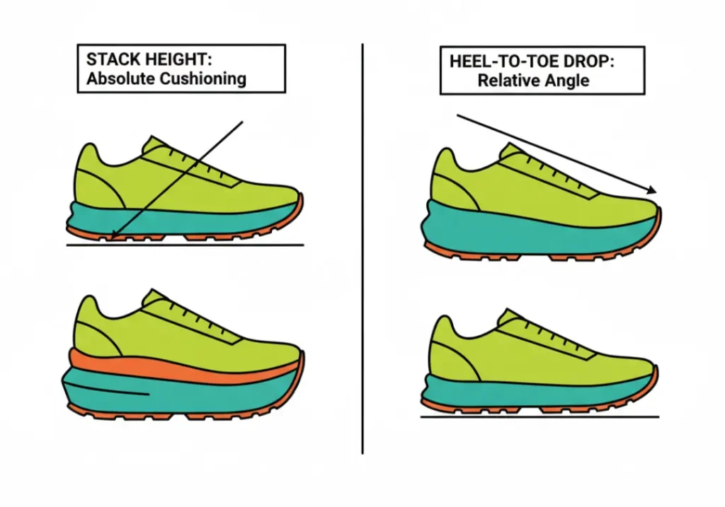 A two-panel infographic comparing shoe stack height and heel-to-toe drop. The left panel shows two shoes with different cushioning levels but the same angle. The right panel shows two shoes with the same cushioning level but different heel-to-toe ramp angles.
