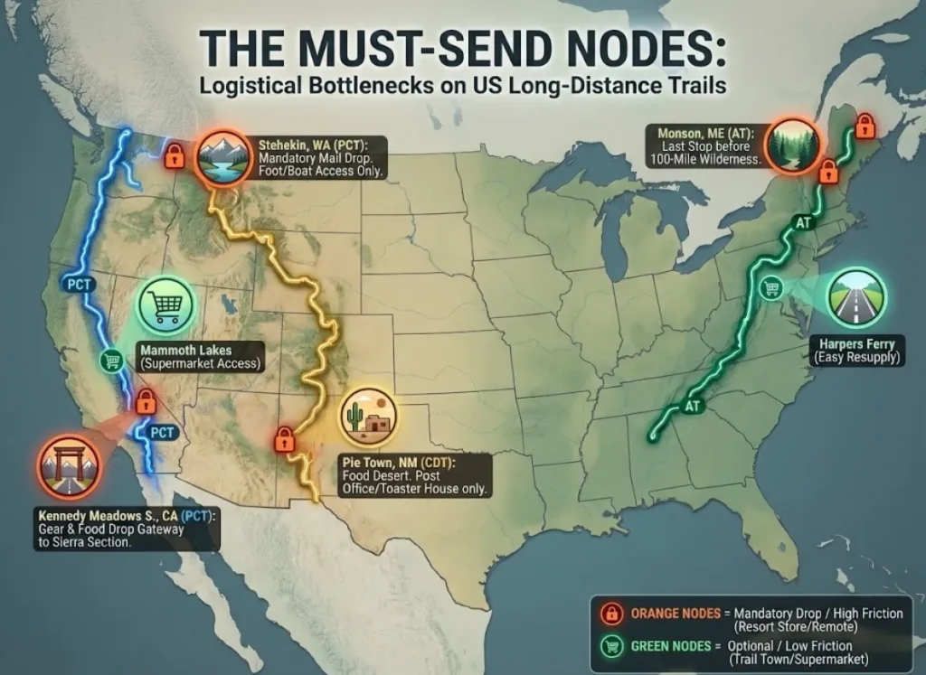A stylized editorial infographic map of the United States highlighting logistical bottlenecks on major hiking trails. The title reads "THE MUST-SEND NODES." Three major trails (PCT, CDT, AT) are shown as winding paths. Specific towns are marked as "Mandatory Drops" with restrictive icons in orange/red: Stehekin, WA; Kennedy Meadows South, CA; Pie Town, NM; and Monson, ME. Contrastingly, open towns with supermarkets are shown in green. The aesthetic is a premium blend of vector art and 3D realism.