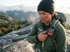 inReach vs SPOT Which Actually Sends Your SOS Hiker clipping a Garmin inReach Mini 2 to a pack strap on a ridge, inReach vs SPOT comparison