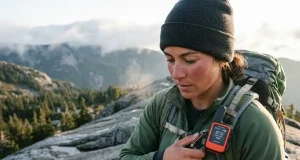 inReach vs SPOT Which Actually Sends Your SOS Hiker clipping a Garmin inReach Mini 2 to a pack strap on a ridge, inReach vs SPOT comparison