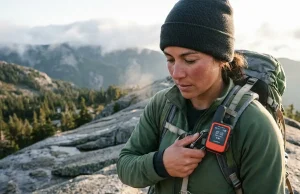 inReach vs SPOT Which Actually Sends Your SOS Hiker clipping a Garmin inReach Mini 2 to a pack strap on a ridge, inReach vs SPOT comparison