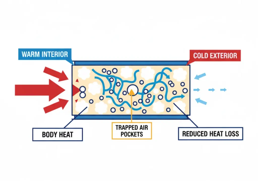 A diagram explaining the principle of insulation loft. It shows a cross-section of jacket fill with body heat entering one side, being trapped in air pockets within the insulation, and resulting in reduced heat loss on the other side.