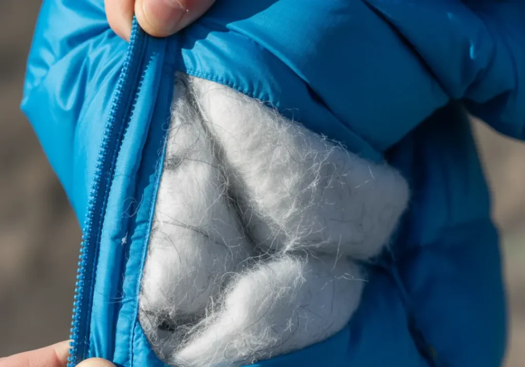 A close-up view inside the baffle of an insulated jacket, showing the fluffy loft that traps air for warmth.