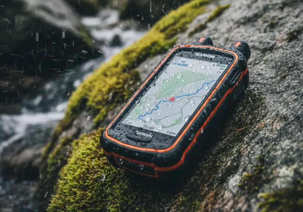 A rugged GPS unit sits on a wet, mossy rock during a rain shower, with water beading off its waterproof casing.