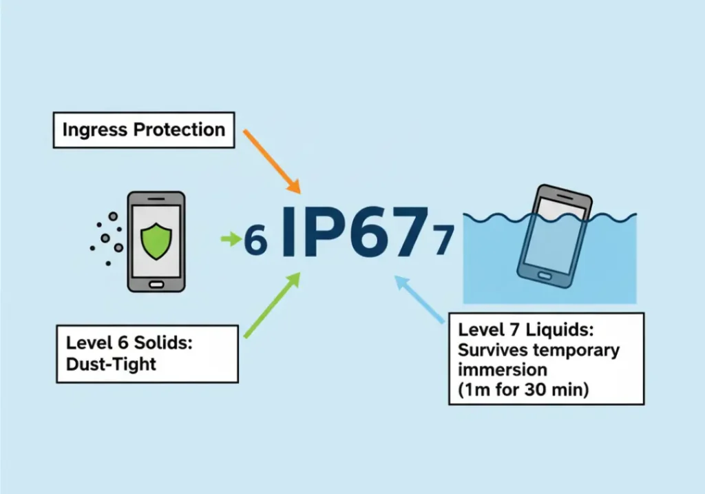 An infographic decoding the IP67 rating. It shows that 'IP' means Ingress Protection, '6' means dust-tight protection against solids, and '7' means protection against temporary immersion in water.
