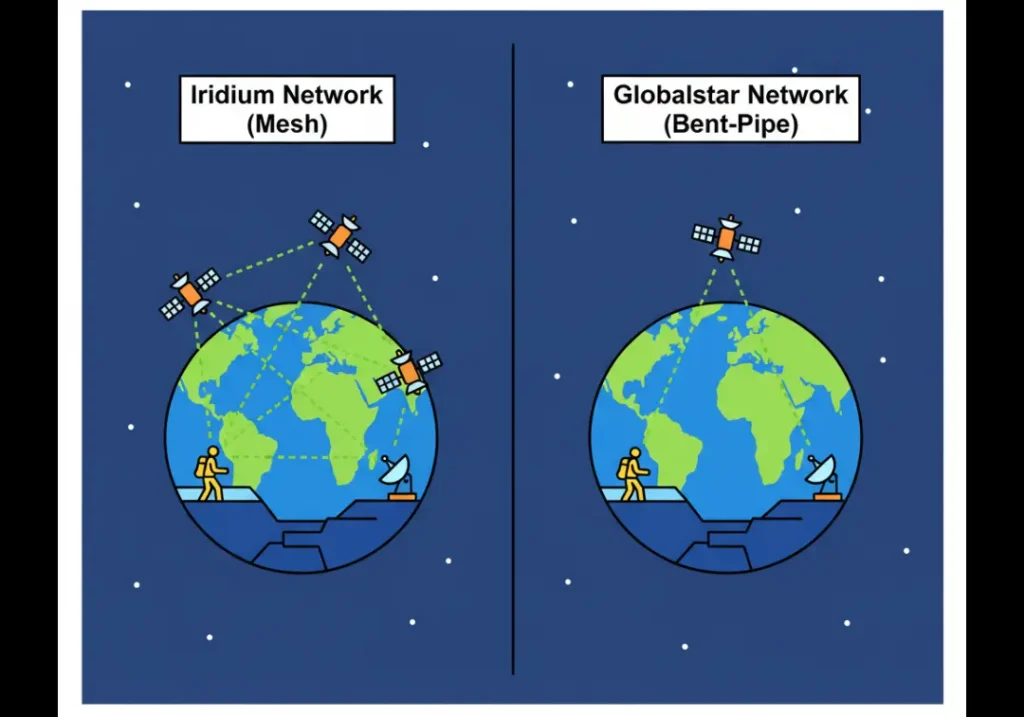 An infographic comparing the Iridium mesh satellite network to the Globalstar bent-pipe network. The Iridium side shows signals hopping between interconnected satellites for global coverage, while the Globalstar side shows a signal requiring a direct line of sight from user to satellite to ground station.