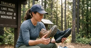 Leather vs Synthetic Hiking Boots — The 5-Year Test Hiker comparing leather vs synthetic hiking boots side by side at a forest trailhead