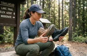 Leather vs Synthetic Hiking Boots — The 5-Year Test Hiker comparing leather vs synthetic hiking boots side by side at a forest trailhead