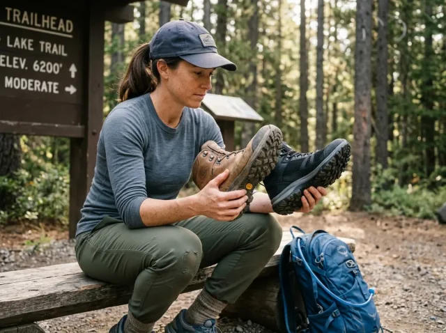 leather-vs-synthetic-hiking-boots-comparison Hiker comparing leather vs synthetic hiking boots side by side at a forest trailhead