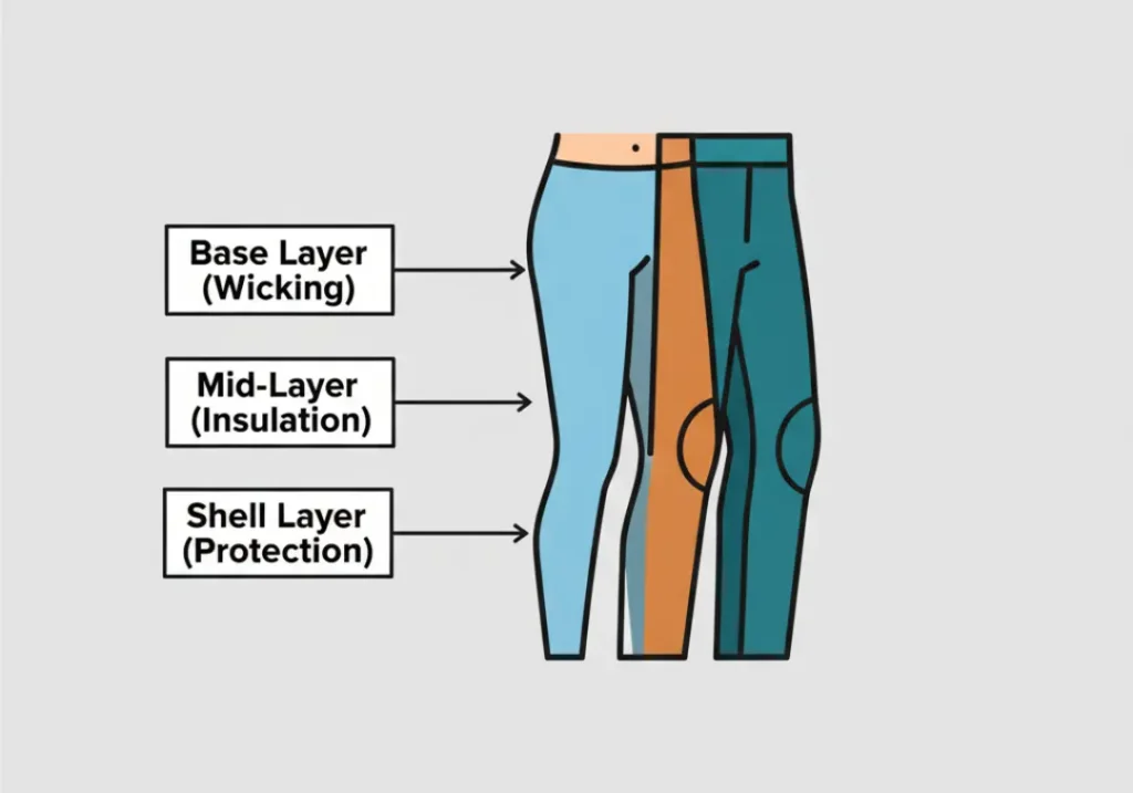 A diagram of the lower-body layering system for hiking, showing a hiker's legs with callouts for the wicking base layer, insulating mid-layer, and protective outer shell layer.