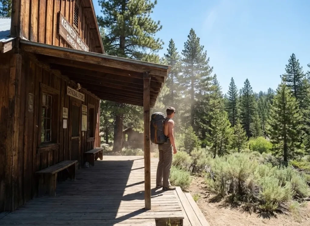 Cinematic wide shot of a remote wooden general store in the wilderness, with a hiker standing on the porch wearing an Osprey pack, surrounded by a majestic forest landscape under bright sunlight.