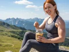Master Cold Soaking: Trail-Safe Recipes & Techniques A beautiful athletic woman with red hair sits on a rock on a mountain trail, happily preparing a cold-soaked meal in a jar.