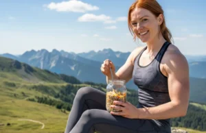 Master Cold Soaking: Trail-Safe Recipes & Techniques A beautiful athletic woman with red hair sits on a rock on a mountain trail, happily preparing a cold-soaked meal in a jar.