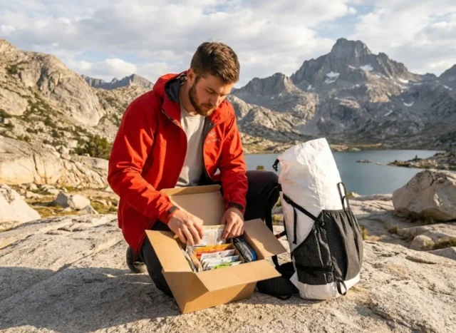 master-guide-thru-hike-resupply-box-logistics A pristine thru-hiker sitting on a granite peak in the Sierra Nevada, organizing a resupply box filled with high-end hiking food, wearing a red Arc'teryx jacket and next to a white Hyperlite Mountain Gear pack, bathed in golden hour sunlight.