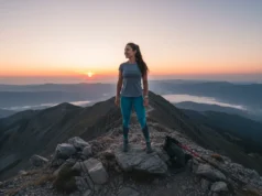 Mastering the Sunrise Hike: A Step-by-Step Safety Guide A beautiful woman with an athletic build smiling on a mountain top as she watches the sunrise during a hike.