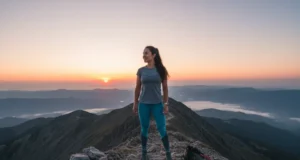 Mastering the Sunrise Hike: A Step-by-Step Safety Guide A beautiful woman with an athletic build smiling on a mountain top as she watches the sunrise during a hike.