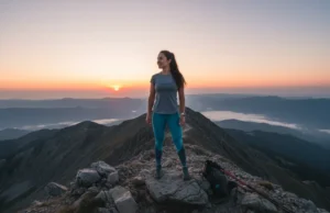 Mastering the Sunrise Hike: A Step-by-Step Safety Guide A beautiful woman with an athletic build smiling on a mountain top as she watches the sunrise during a hike.