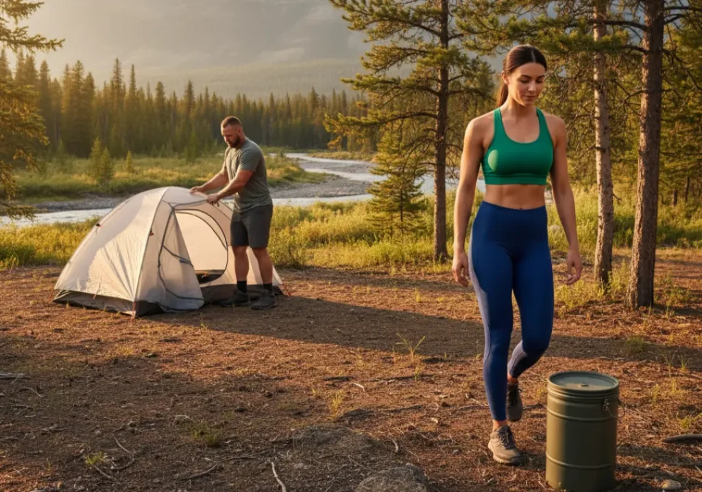 A beautiful hiking couple practices safe food storage at their campsite, with the woman placing a bear canister far away from their tent.