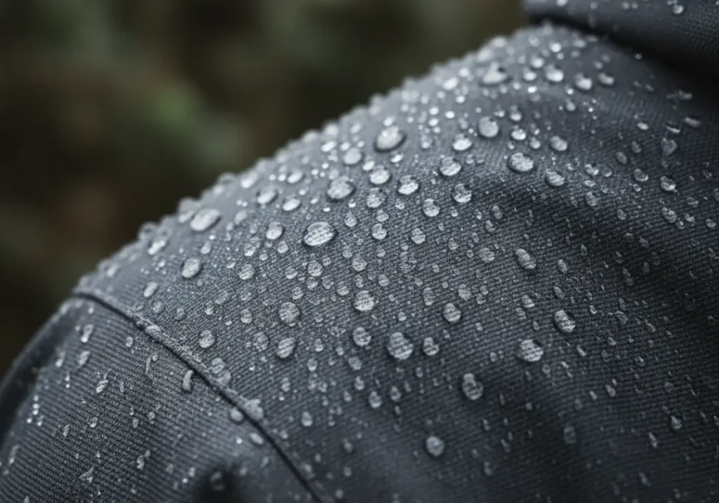 A close-up of a technical waterproof jacket fabric with perfectly round water droplets beading on its surface.