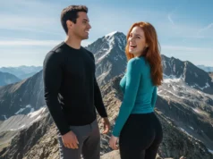 Non-Technical Mountaineering: A Hiker’s Summit Guide A handsome, athletic couple in premium hiking gear celebrating on a high mountain ridge, with a massive peak in the background.