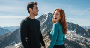 Non-Technical Mountaineering: A Hiker’s Summit Guide A handsome, athletic couple in premium hiking gear celebrating on a high mountain ridge, with a massive peak in the background.