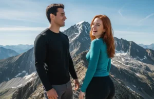Non-Technical Mountaineering: A Hiker’s Summit Guide A handsome, athletic couple in premium hiking gear celebrating on a high mountain ridge, with a massive peak in the background.