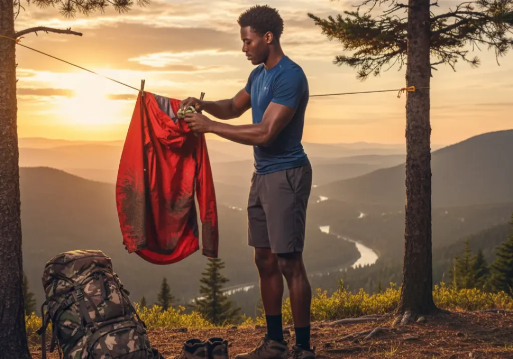 A handsome, muscular Black man carefully cleans his muddy rain jacket at a scenic campsite during sunset after a long hike.
