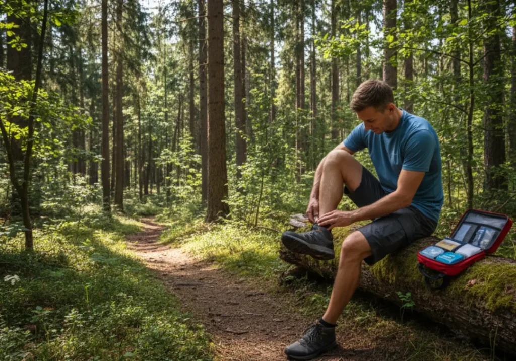 A male hiker sitting on a log on the trail, using his first-aid kit to treat a blister on his foot.