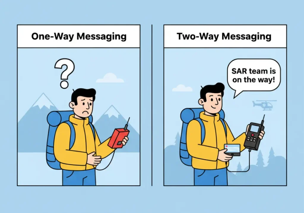 A split-panel infographic comparing one-way and two-way satellite messaging. The left side shows a worried hiker with a question mark, representing one-way messaging uncertainty. The right side shows a relieved hiker receiving a confirmation message, representing two-way communication.