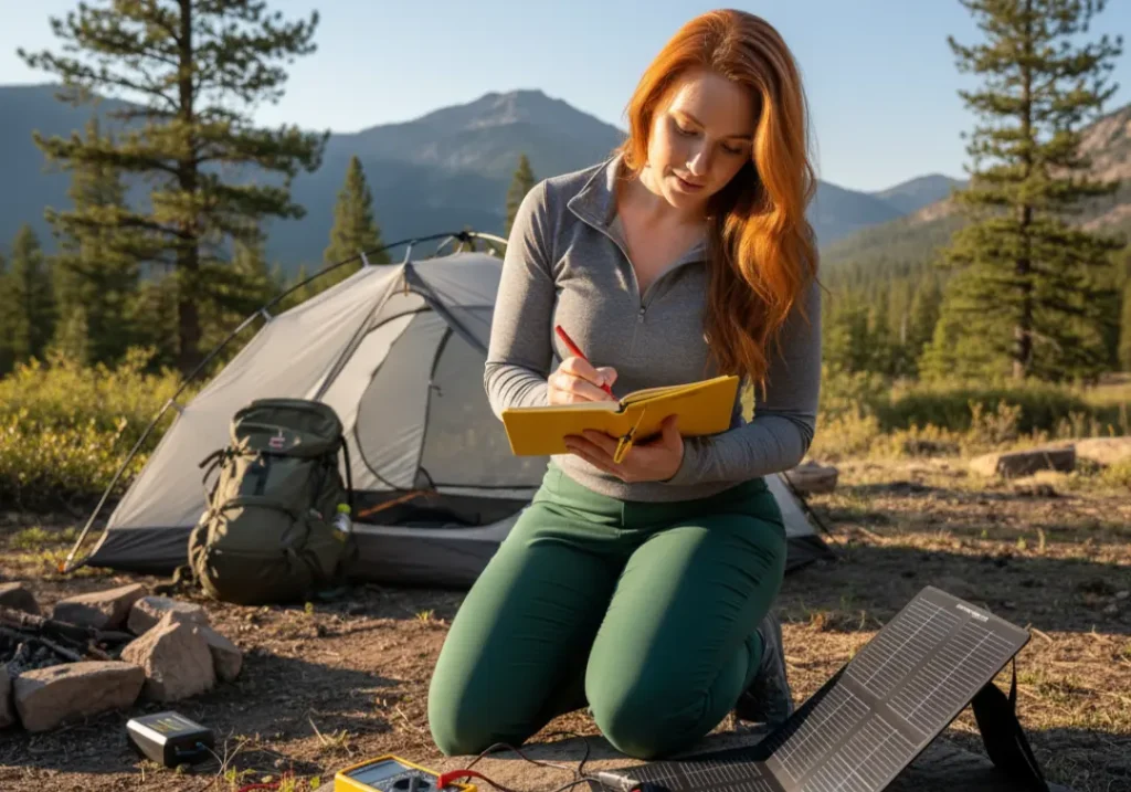 A female gear tester meticulously records data from a backpacking solar panel at her campsite.