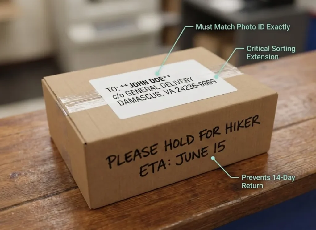 A photorealistic diagram of a cardboard package on a wooden counter, featuring a correctly formatted General Delivery shipping label with the -9999 zip code extension and bold 'Hold for Hiker' annotations marked on the side.