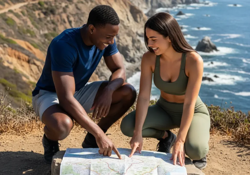 A handsome man and a beautiful woman look at a trail map together at a coastal viewpoint.