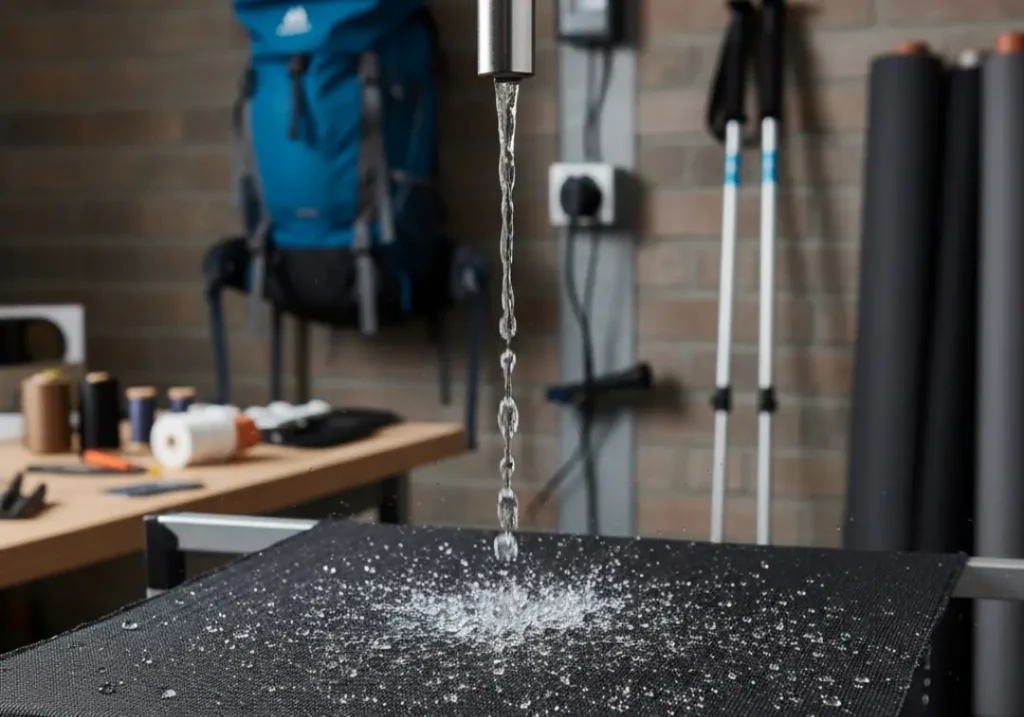 A piece of waterproof technical fabric being tested with a high-pressure water spray in a gear workshop setting.