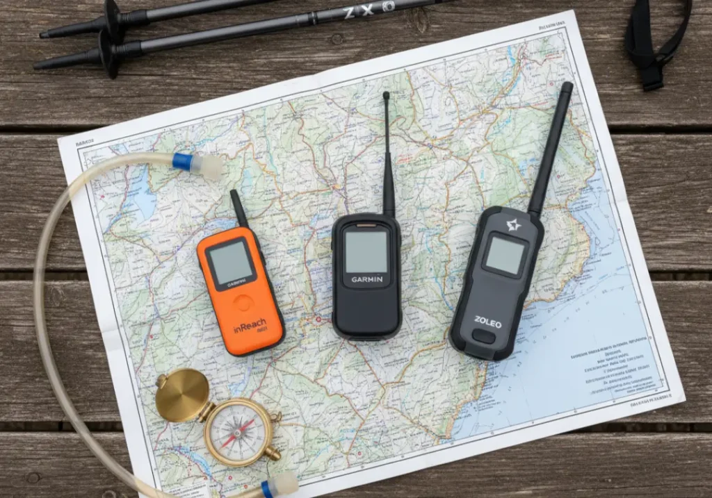 A top-down view of several different satellite messengers, a compass, and trekking poles arranged on a trail map.