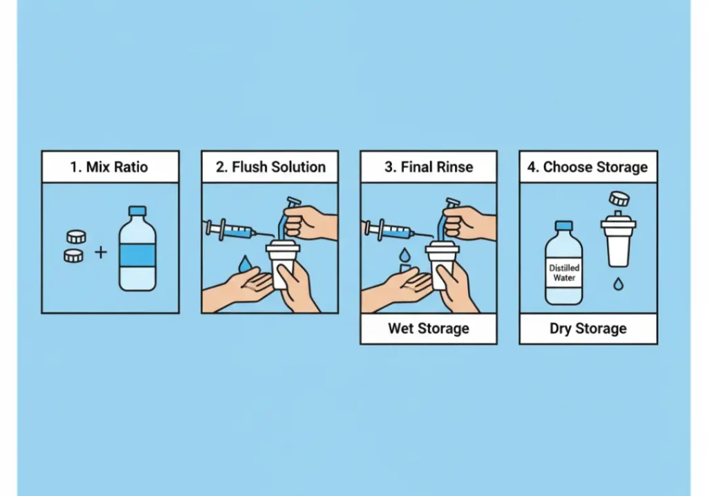 A 4-panel infographic showing the steps to sanitize and store a water filter: 1. Mix one capful of bleach with one quart of water. 2. Flush the solution through the filter. 3. Perform a final flush with distilled water. 4. Choose between wet or dry storage.