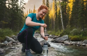 Sawyer Squeeze Field Guide: Clean, Sanitize & Store Fast A beautiful female hiker with red hair confidently cleaning her Sawyer Squeeze water filter by a mountain stream.