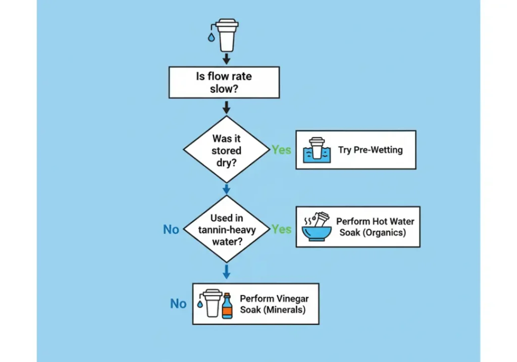 A flowchart infographic illustrating how to troubleshoot a slow flow rate on a Sawyer Squeeze filter, with steps for pre-wetting, hot water soaks for organics, and vinegar soaks for minerals.