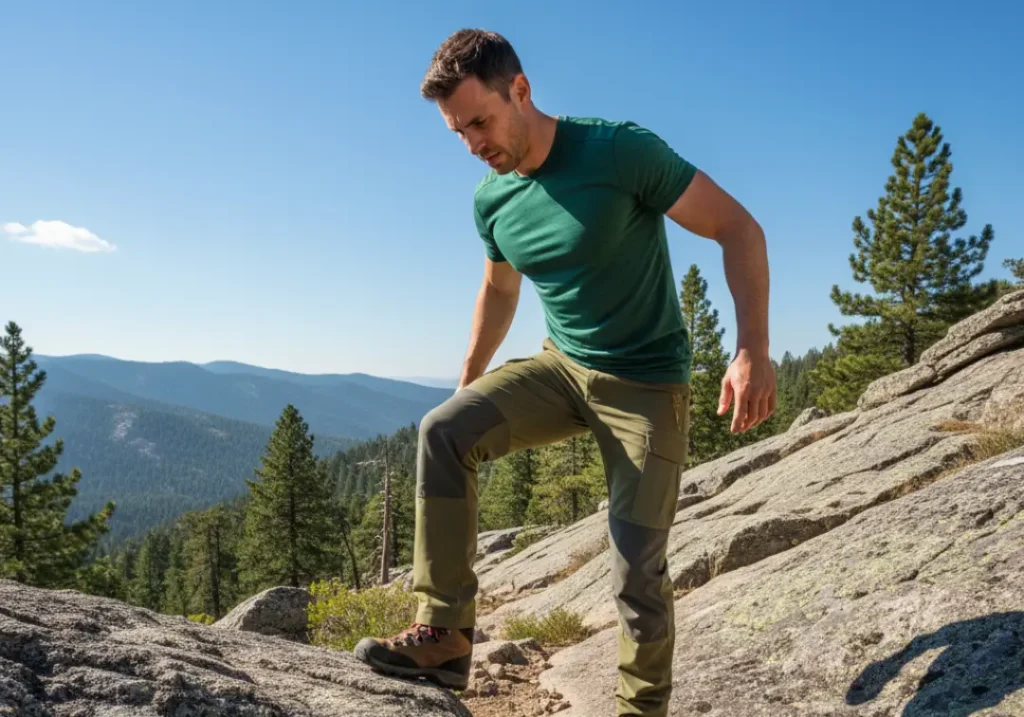 A full-body shot of a male hiker carefully descending a steep, rocky trail, illustrating the forces that cause blisters.