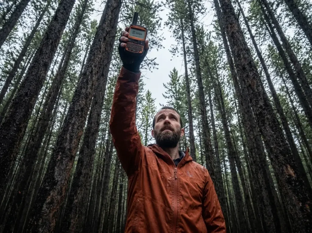Hiker raising a SPOT X toward a gap in dense pine canopy to find a satellite signal